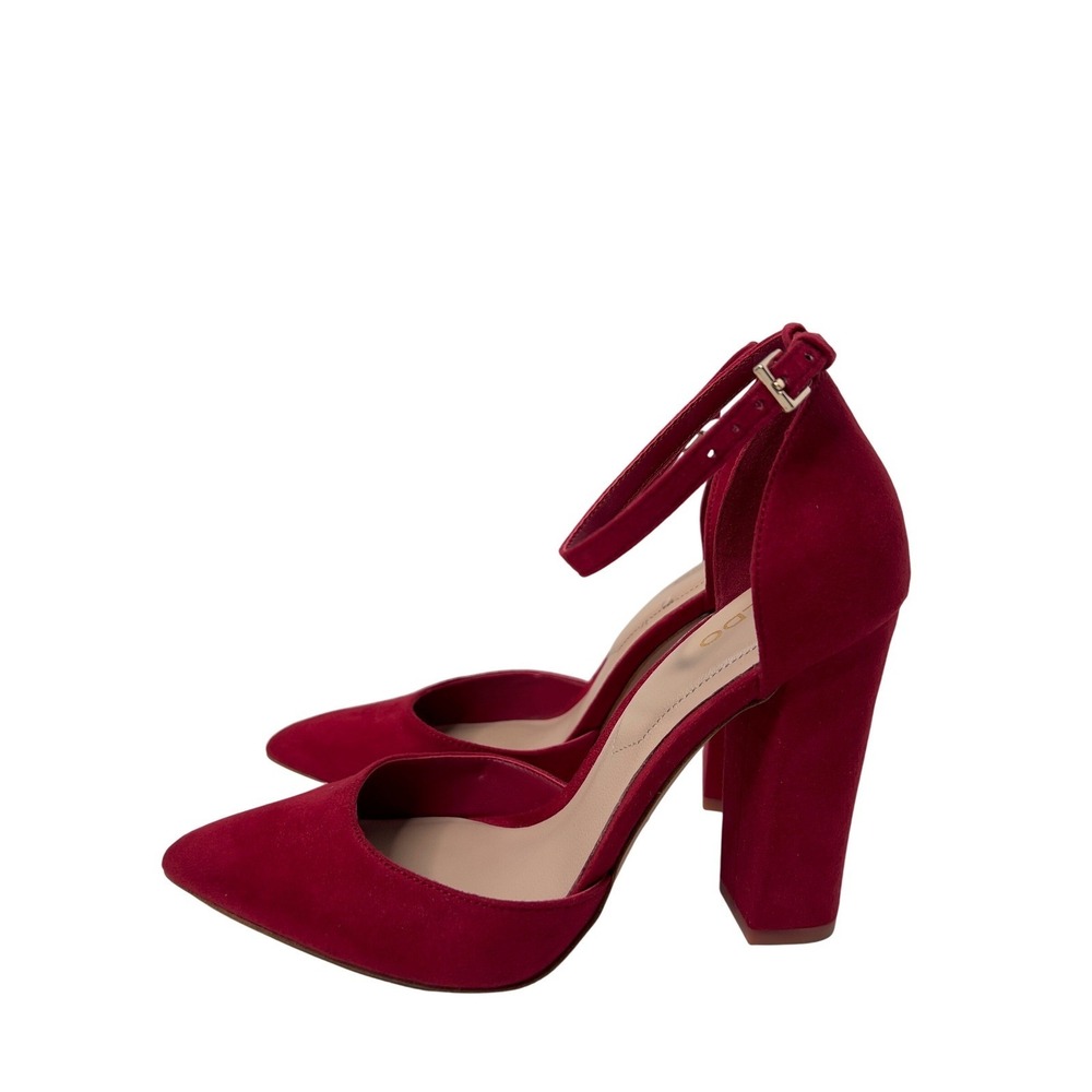 ALDO Women Red Suede Ankle Strap Block Heel Pointed Toe Pumps Size 6 - Picture 4 of 16